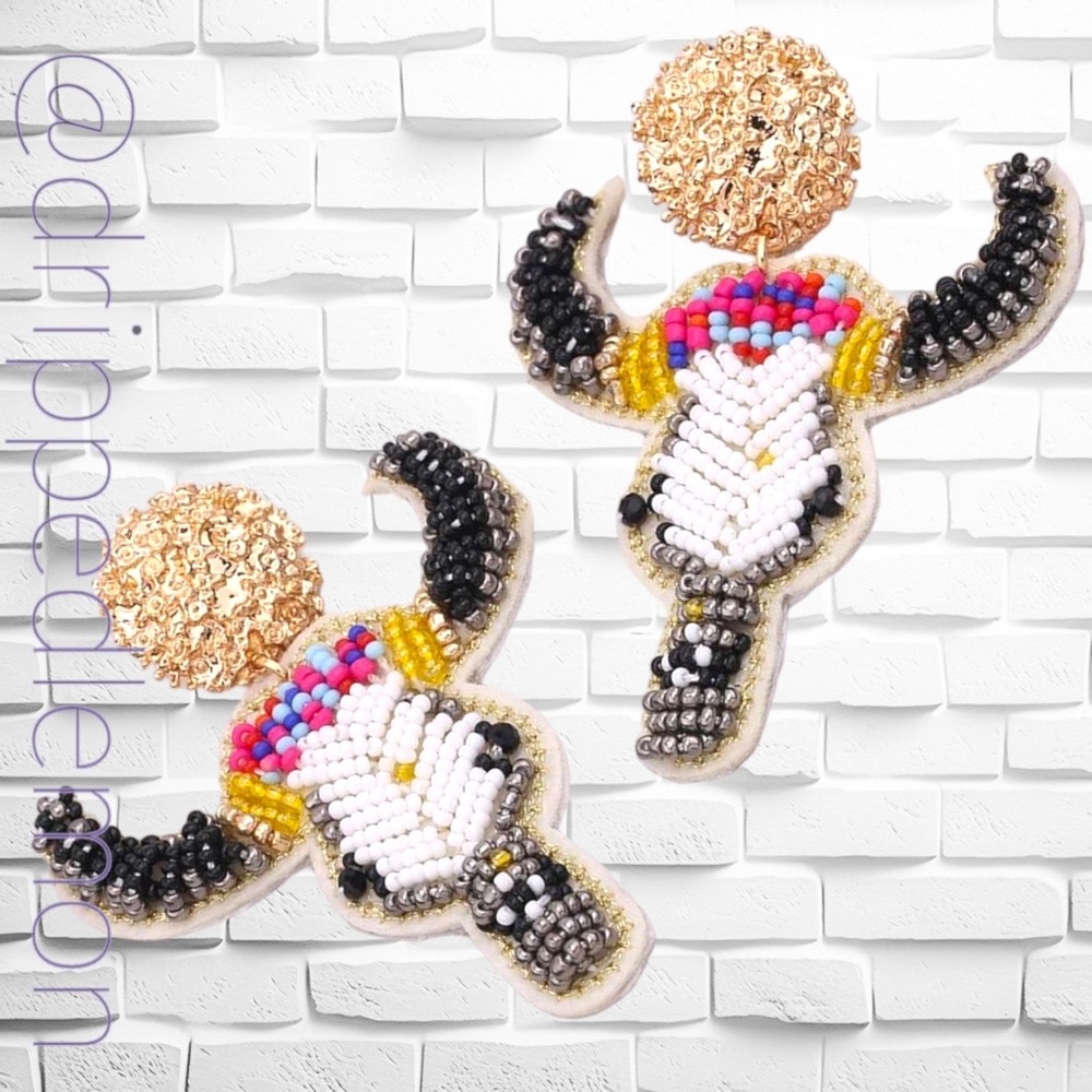 New Big Bull Head Colorful Beaded Dangle Earrings Gold Handmade Women’s Cowgirl